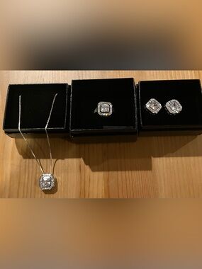NEW HSN Radiance by Absolute Trio Lot Square Stud Earrings, Necklace, Ring 7